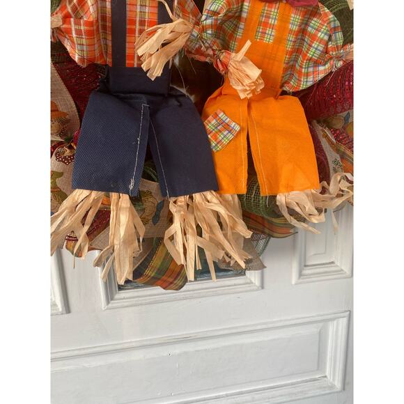 Fall Scarecrow Wreath – Harvest Couple Door Decor – Handmade Autumn Wreath - Picture 4 of 10